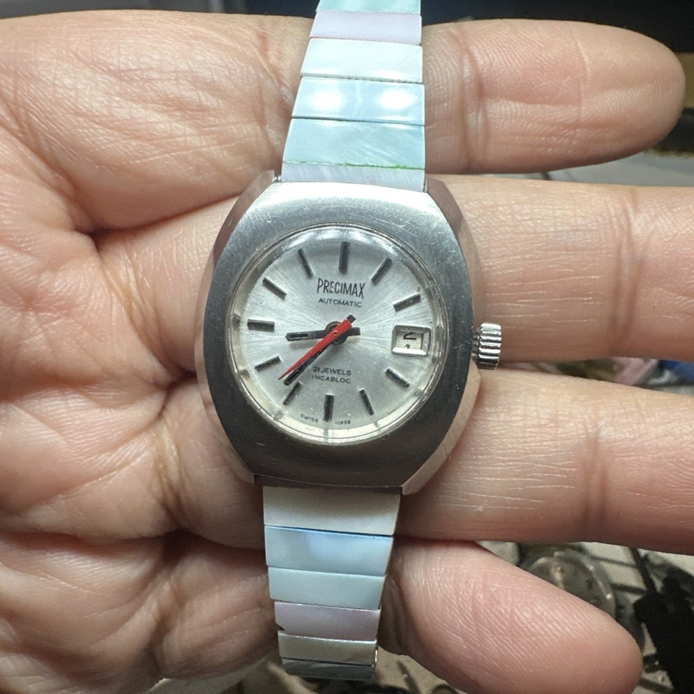 Works VTG Precimax Automatic Swiss 21J Ladies Watch Fancy Blue Stretch Band 26mm